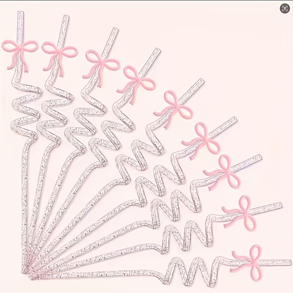 Pink Bow Reusable Party Straws Set for Girls Birthday, Baby Shower & Bridal Celebration Decor