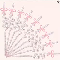 pink bow reusable party straws set for girls birthday, baby shower & bridal celebration decor
