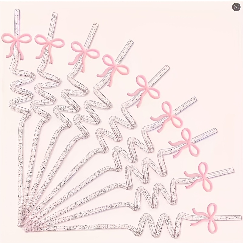 Pink Bow Reusable Party Straws Set for Girls Birthday, Baby Shower & Bridal Celebration Decor