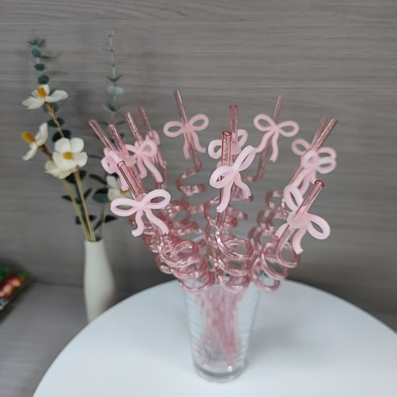 Pink Bow Reusable Party Straws Set for Girls Birthday, Baby Shower & Bridal Celebration Decor