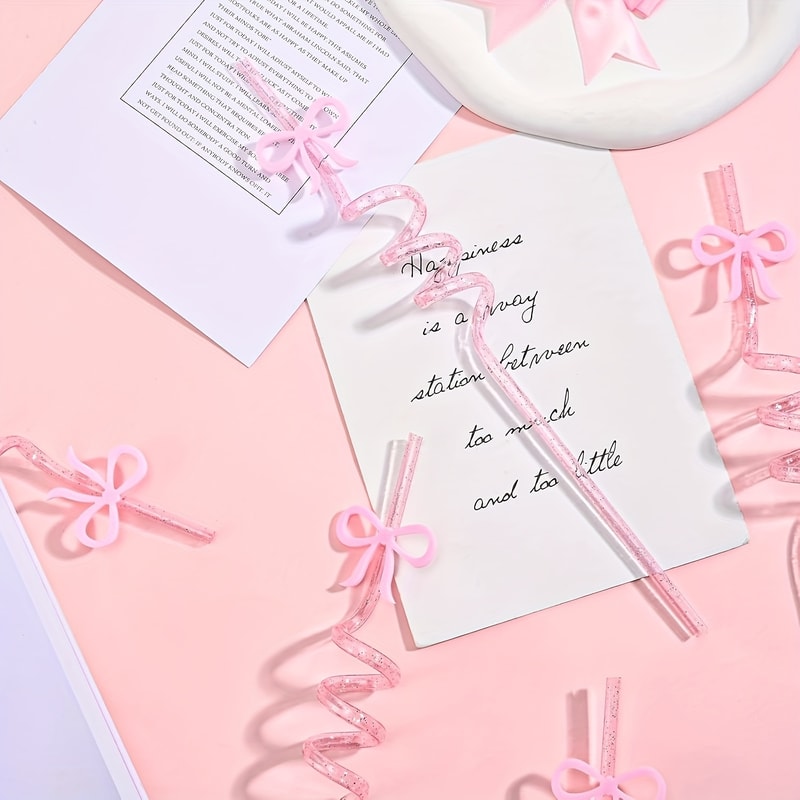 Pink Bow Reusable Party Straws Set for Girls Birthday, Baby Shower & Bridal Celebration Decor