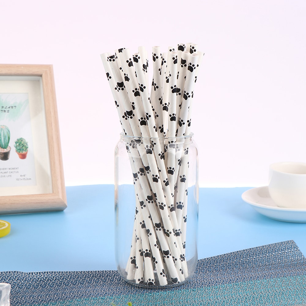Paw Print Paper Straws Black and White Pet Theme Party Supplies Biodegradable Dog Birthday Decorations