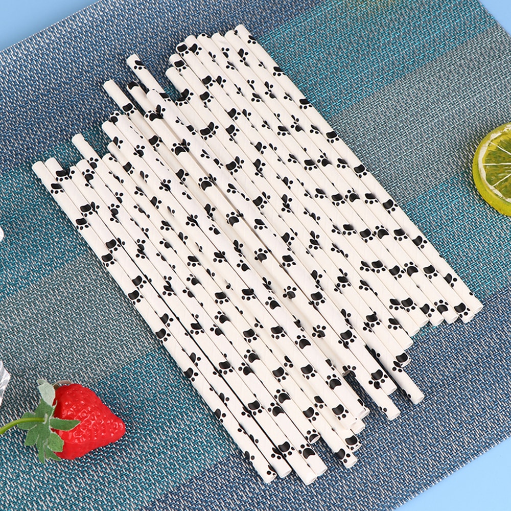 Paw Print Paper Straws Black and White Pet Theme Party Supplies Biodegradable Dog Birthday Decorations