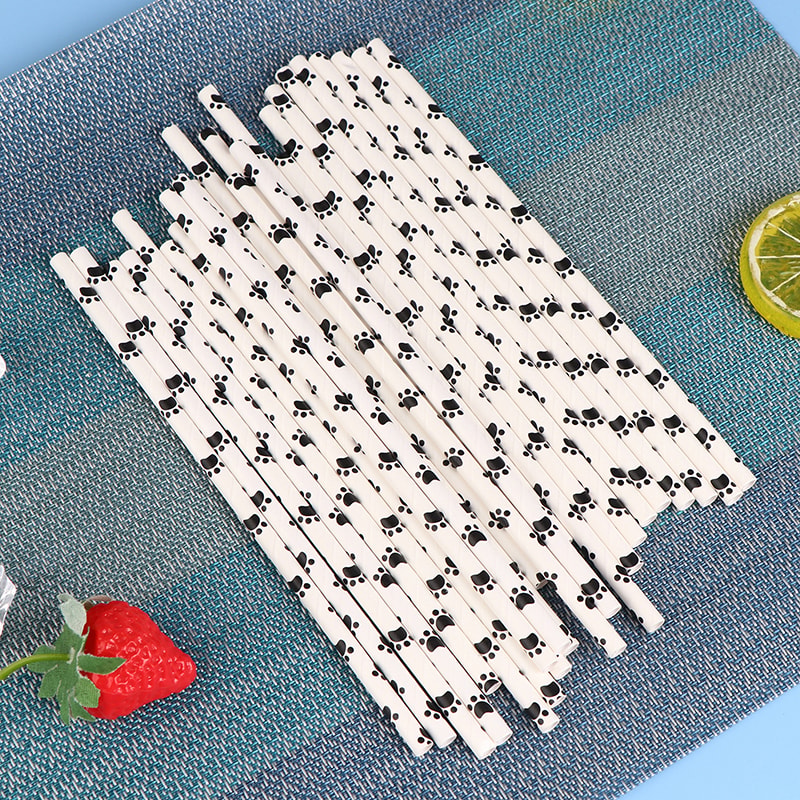 Paw Print Paper Straws Black and White Pet Theme Party Supplies Biodegradable Dog Birthday Decorations