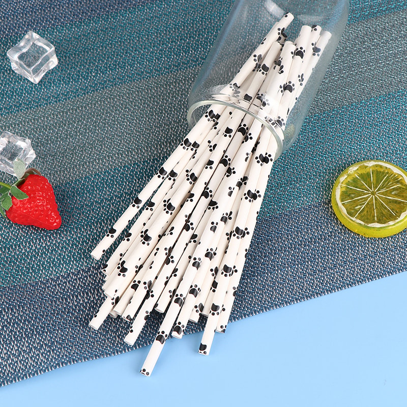 Paw Print Paper Straws Black and White Pet Theme Party Supplies Biodegradable Dog Birthday Decorations