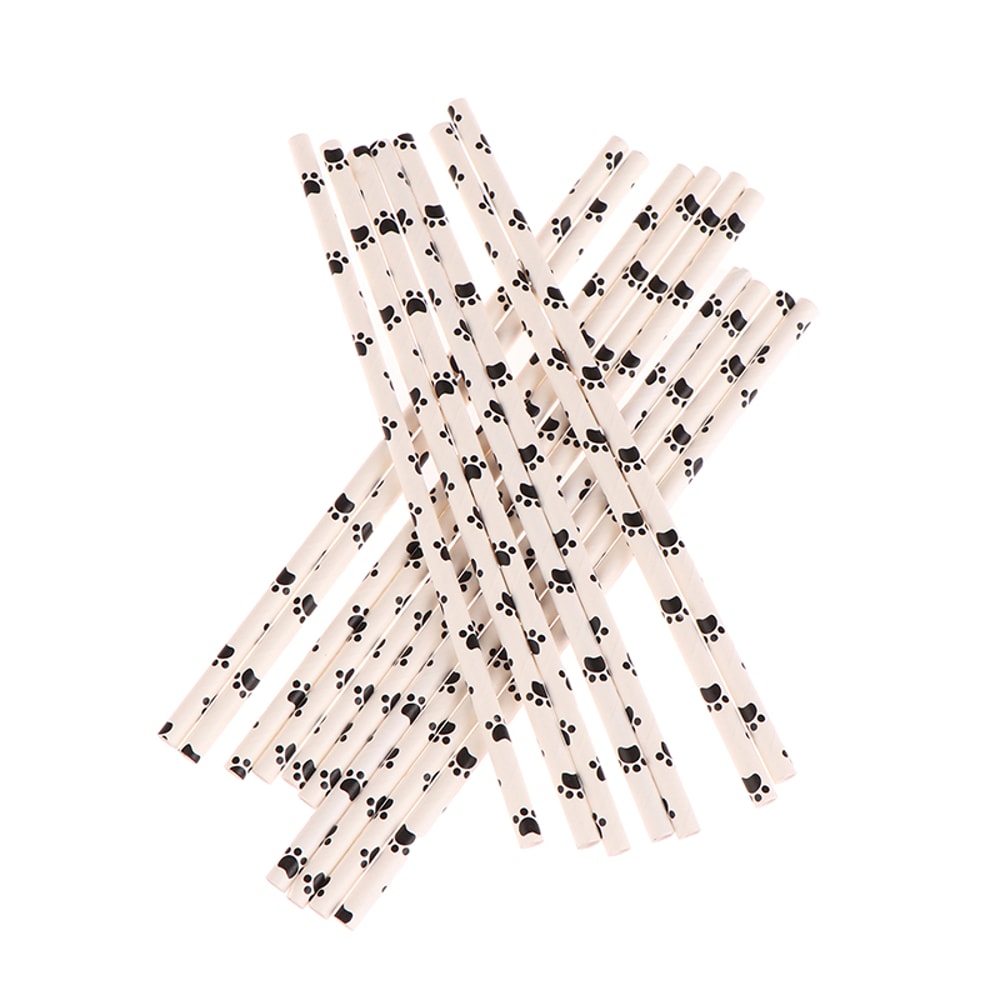Paw Print Paper Straws Black and White Pet Theme Party Supplies Biodegradable Dog Birthday Decorations