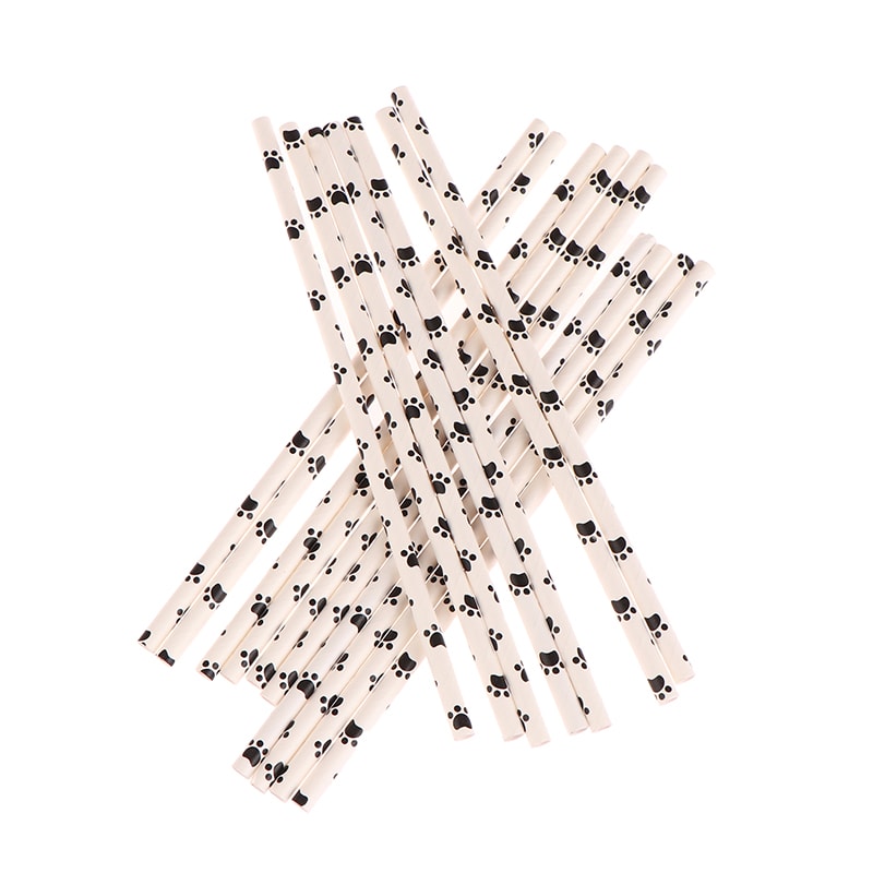 Paw Print Paper Straws Black and White Pet Theme Party Supplies Biodegradable Dog Birthday Decorations