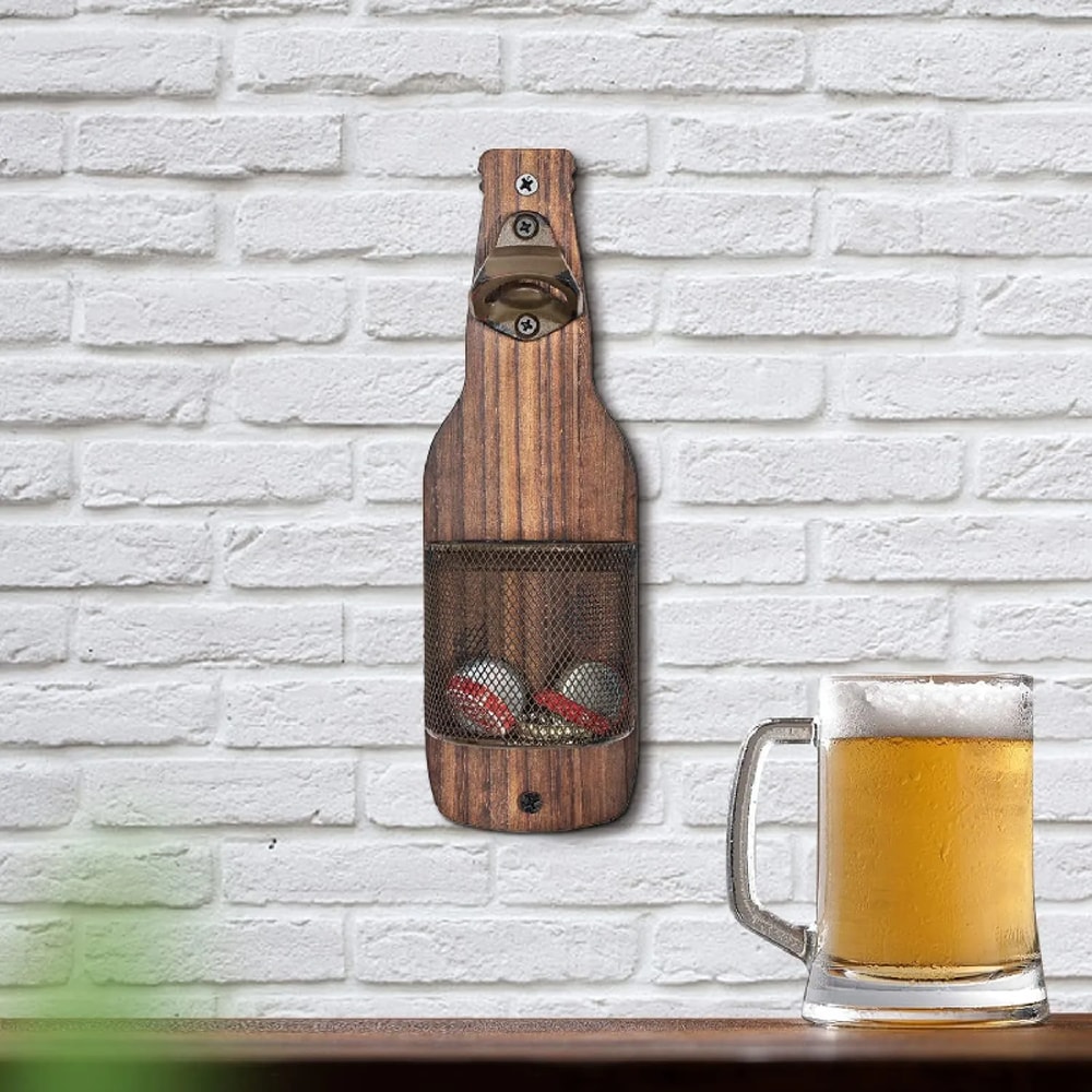 Wall Mounted Bottle Opener with Vintage Beer Cap Catcher Basket