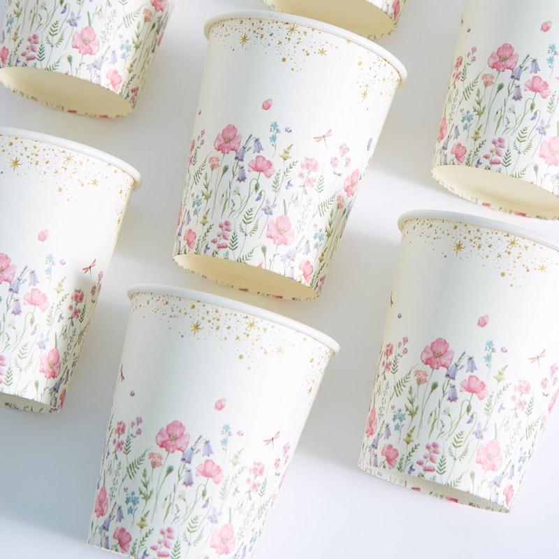 White Floral Disposable Paper Cups for Coffee Cold Drinks and Party Tables
