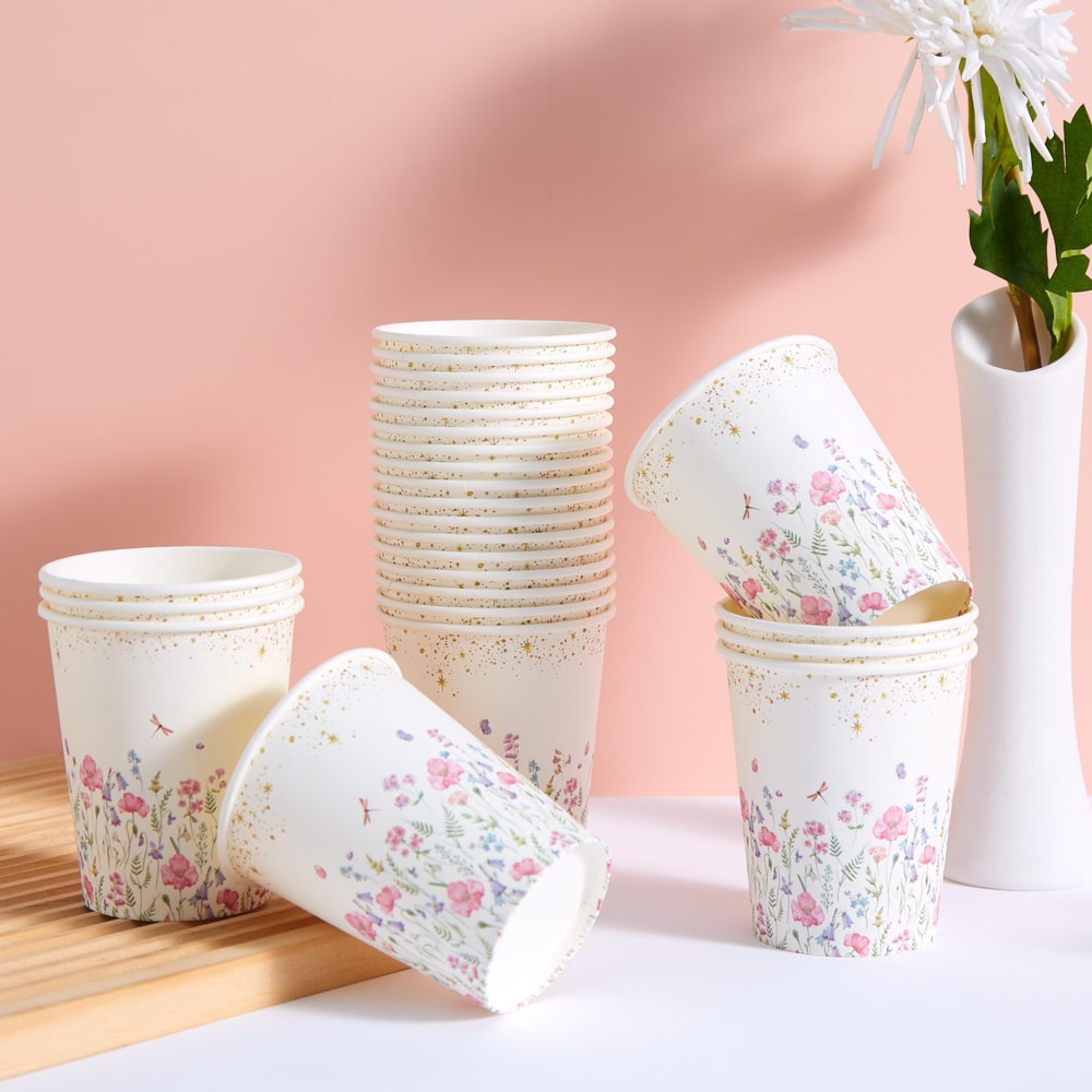 White Floral Disposable Paper Cups for Coffee Cold Drinks and Party Tables