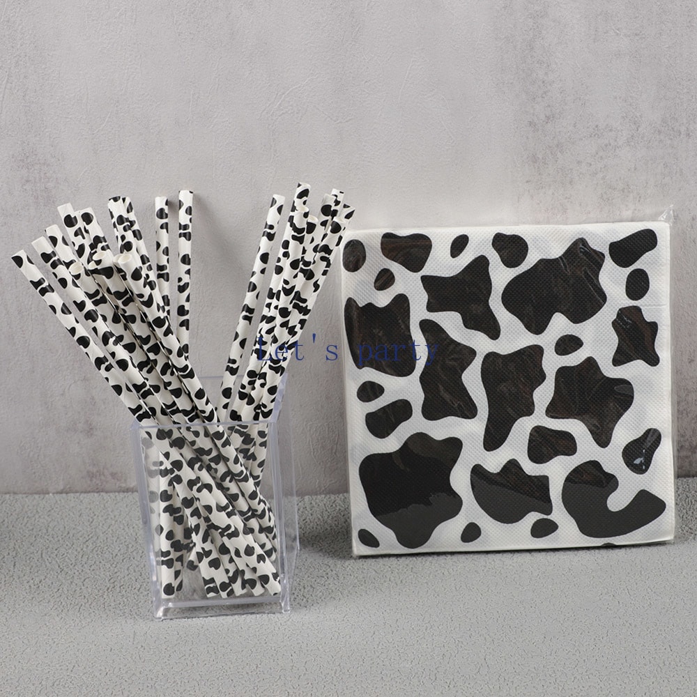 Black & White cow theme party supplies with Paper Napkins & Straws for Birthdays & Baby Showers