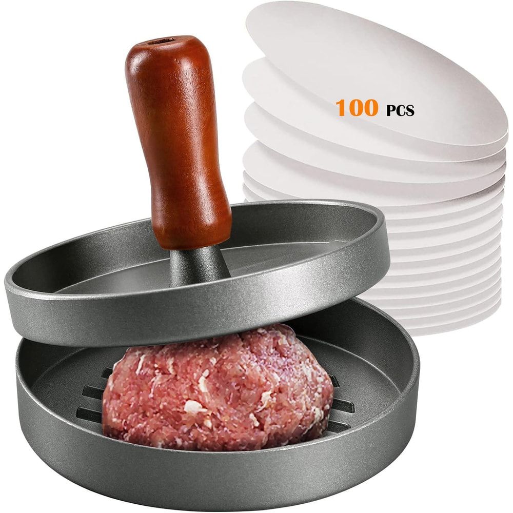 Premium Stainless Steel Burger Press Patty Maker with Wood Handle & Patty Papers