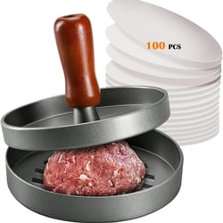 premium stainless steel burger press patty maker with wood handle & patty papers