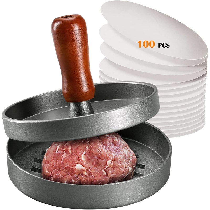 Premium Stainless Steel Burger Press Patty Maker with Wood Handle & Patty Papers