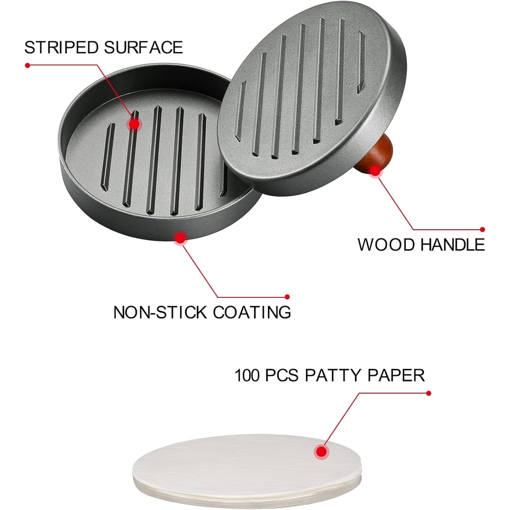 Premium Stainless Steel Burger Press Patty Maker with Wood Handle & Patty Papers
