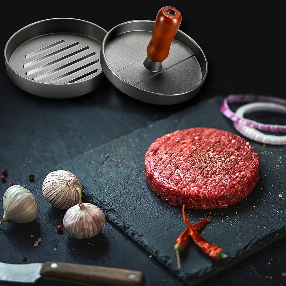 Premium Stainless Steel Burger Press Patty Maker with Wood Handle & Patty Papers