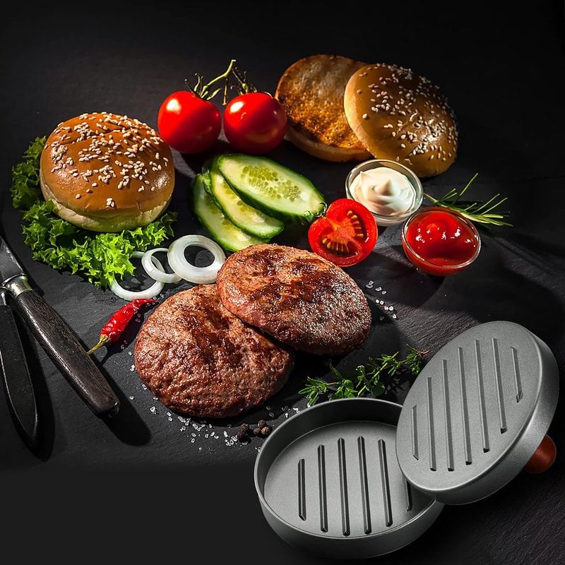 Premium Stainless Steel Burger Press Patty Maker with Wood Handle & Patty Papers