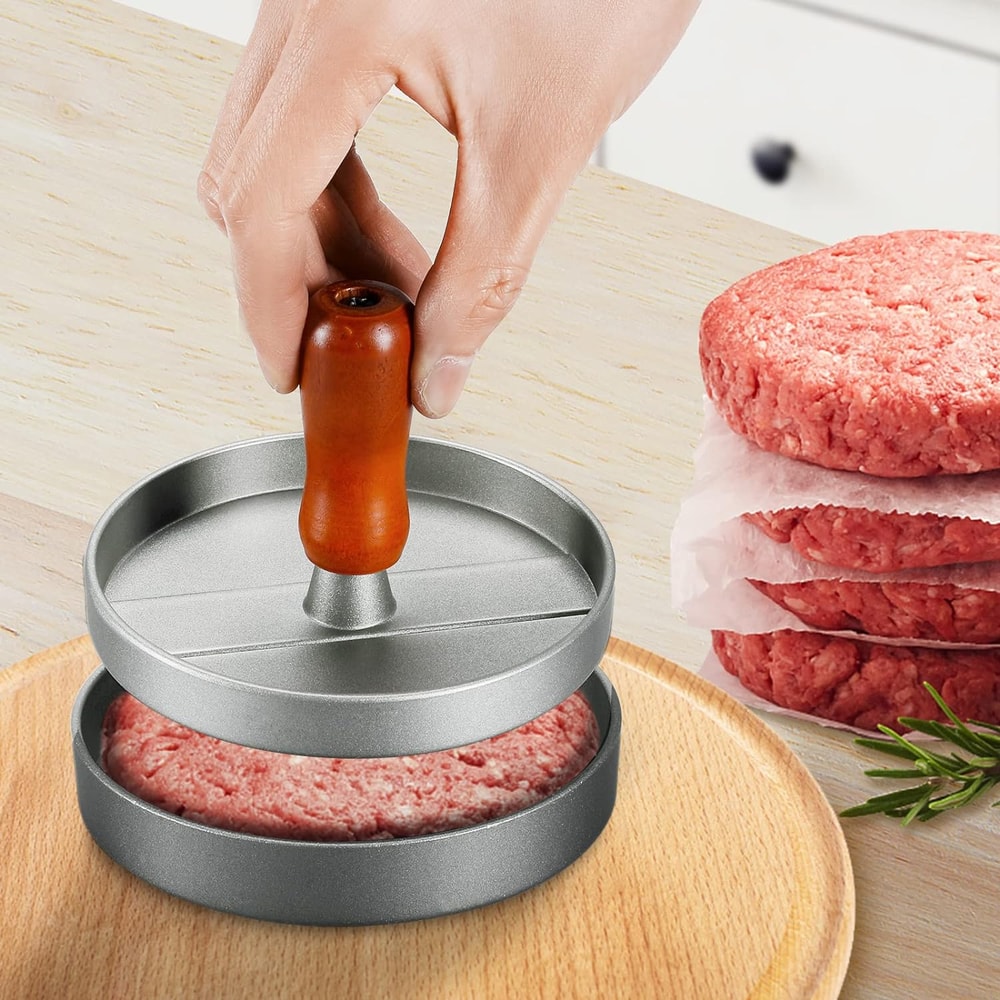 Premium Stainless Steel Burger Press Patty Maker with Wood Handle & Patty Papers