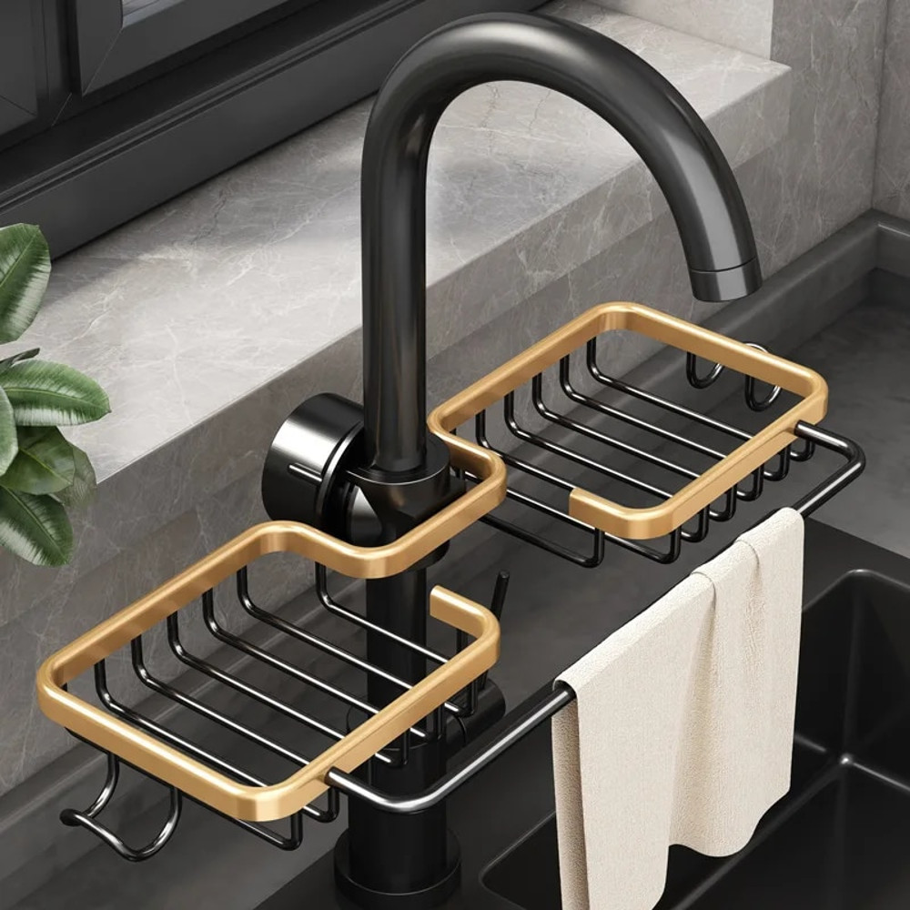 y4fnKitchenSpaceAluminumSinkDrainRackSpongeStorageFaucetHolderSoapDrainerShelfBasketOr