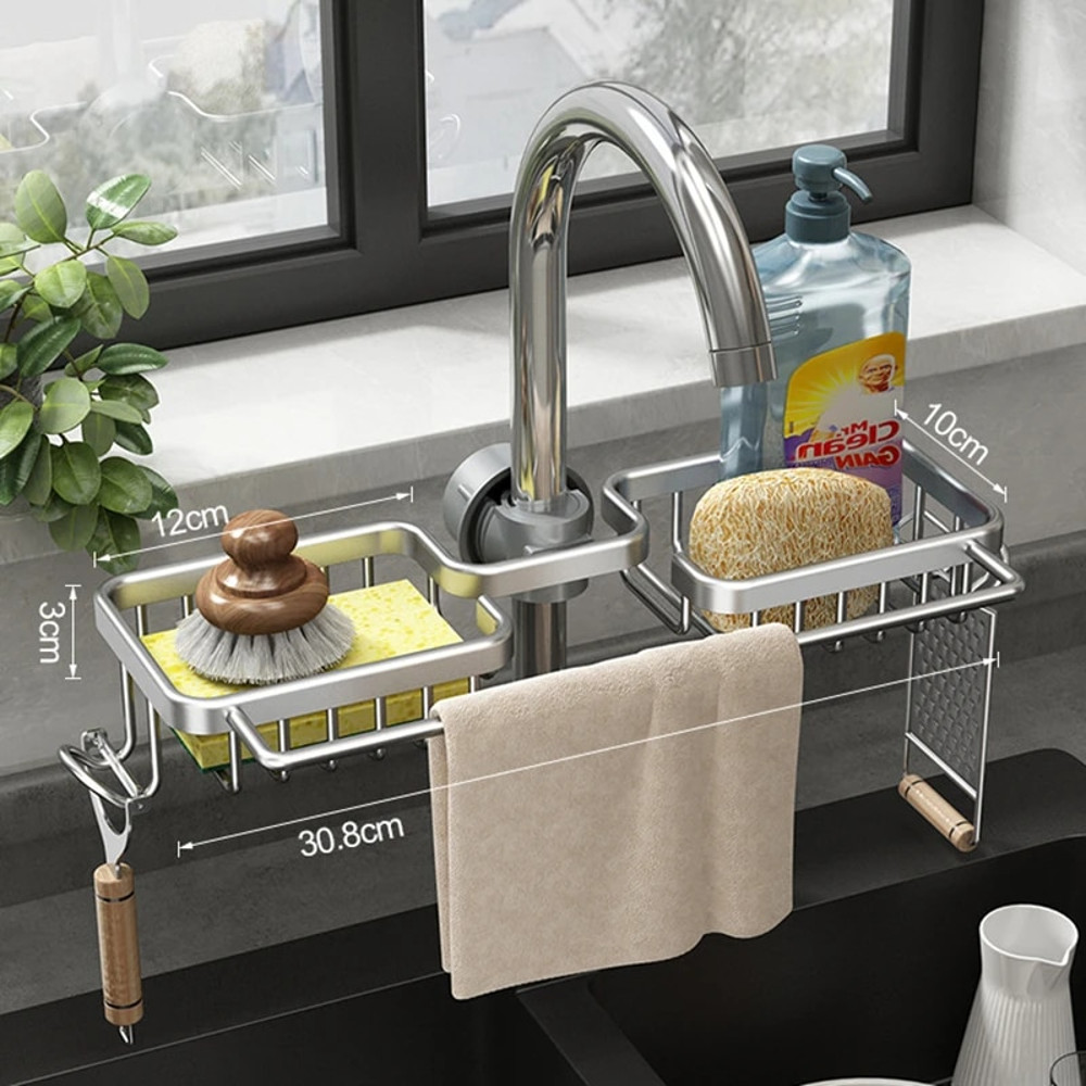 IzizKitchenSpaceAluminumSinkDrainRackSpongeStorageFaucetHolderSoapDrainerShelfBasketOr