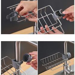 Stainless Steel Sink Drain Rack with Sponge Storage & Faucet Holder