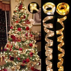 Christmas Ribbon Fairy Light String Home Decor 2023 Ornament Xmas Navidad Gifts New Year 2024