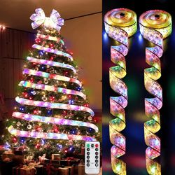 Christmas Ribbon Fairy Light Decoration DIY Bows String Tree Ornaments Home 2023 Xmas Decor New Year Navidad