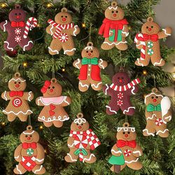 12pcs Assorted Plastic Gingerbread Man Ornaments for Christmas Tree Hanging Decorations