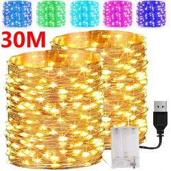 30M Copper Wire LED Lights String USB Battery Waterproof Garland Fairy Light - Christmas Wedding Party Decor & Holiday L