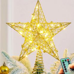 Iron Glitter Powder Christmas Tree Ornaments Top Stars with LED Light Lamp - Home Xmas Decorations