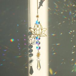 Lotus Sun Catcher Crystals: Rainbow Hanging Suncatcher for Chakra Light - Stained Glass Prism Window & Outdoor Garden De
