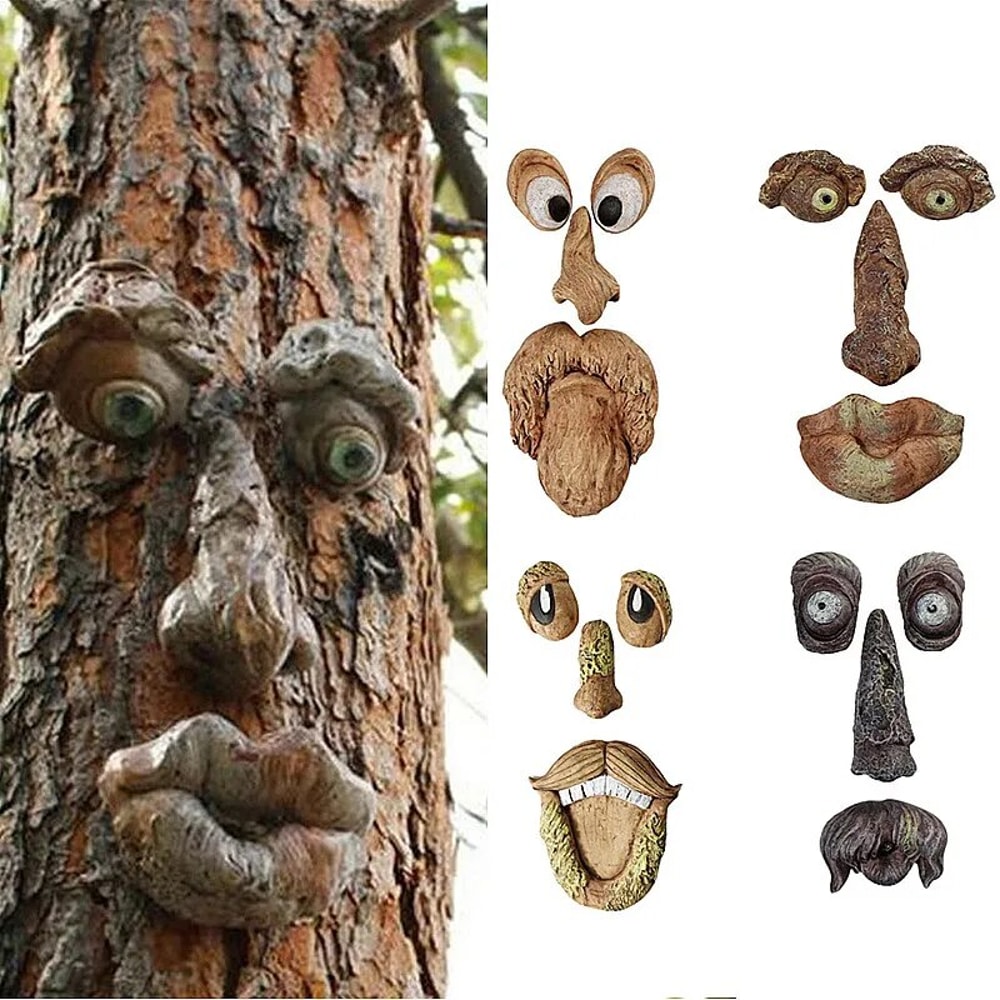 T6HJFunnyOldManTreeFaceHuggerGardenArtOutdoorTreeAmusingOldManFaceSculptureWhimsical