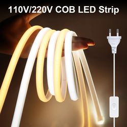 COB LED Strip Lights CRI RA90 288 LEDs/m - Flexible Waterproof Lamp for Home Decoration - EU Plug, 110V/220V