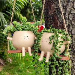 charming plant hanger baskets: swing face planter pots for succulents & flowers – balcony wall hanging decor