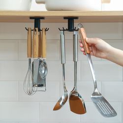rotatable kitchen organizer rack with 6 hooks - wall-mounted utensil holder & supplies organizer