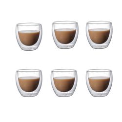 Clear Double Wall Glass Coffee Mugs: 6-Pack Set for Bar, Tea, Milk, Juice, Espresso - Insulated Cups in 5 Sizes