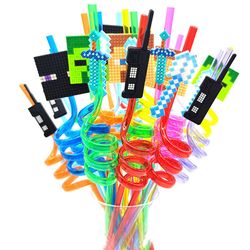 8pcs 26cm My World Pixel Spiral Drinking Straws - Reusable Miner Plastic Straws for Kids Birthday Party Decorations & Ju