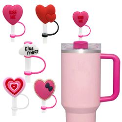 5pcs pink heart straw covers: flower straw toppers in 5 colors