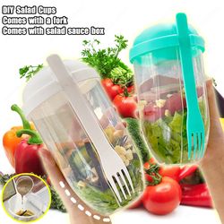 Portable Salad Cups Breakfast Cereal Nut Yogurt Container Set with Fork & Sauce Bottle: Picnic Bento Lunch Box