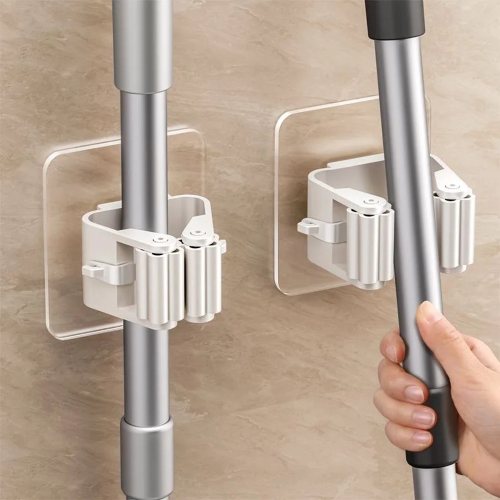 4pcs Plastic Hanging Mop Storage Rack – Wall Mounted, Space Saving Organizer for Brooms & Cleaning Tools