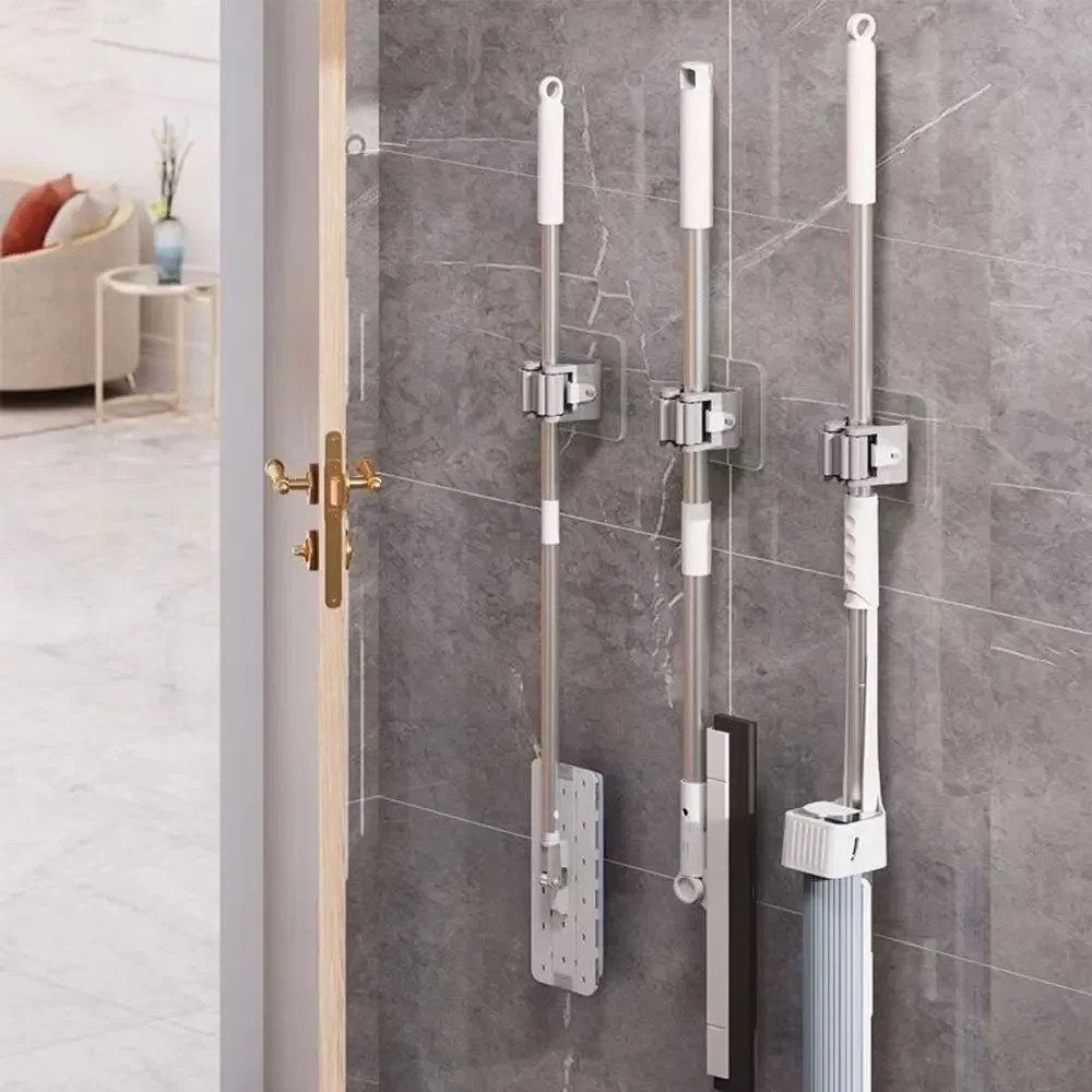 4pcs Plastic Hanging Mop Storage Rack – Wall Mounted, Space Saving Organizer for Brooms & Cleaning Tools