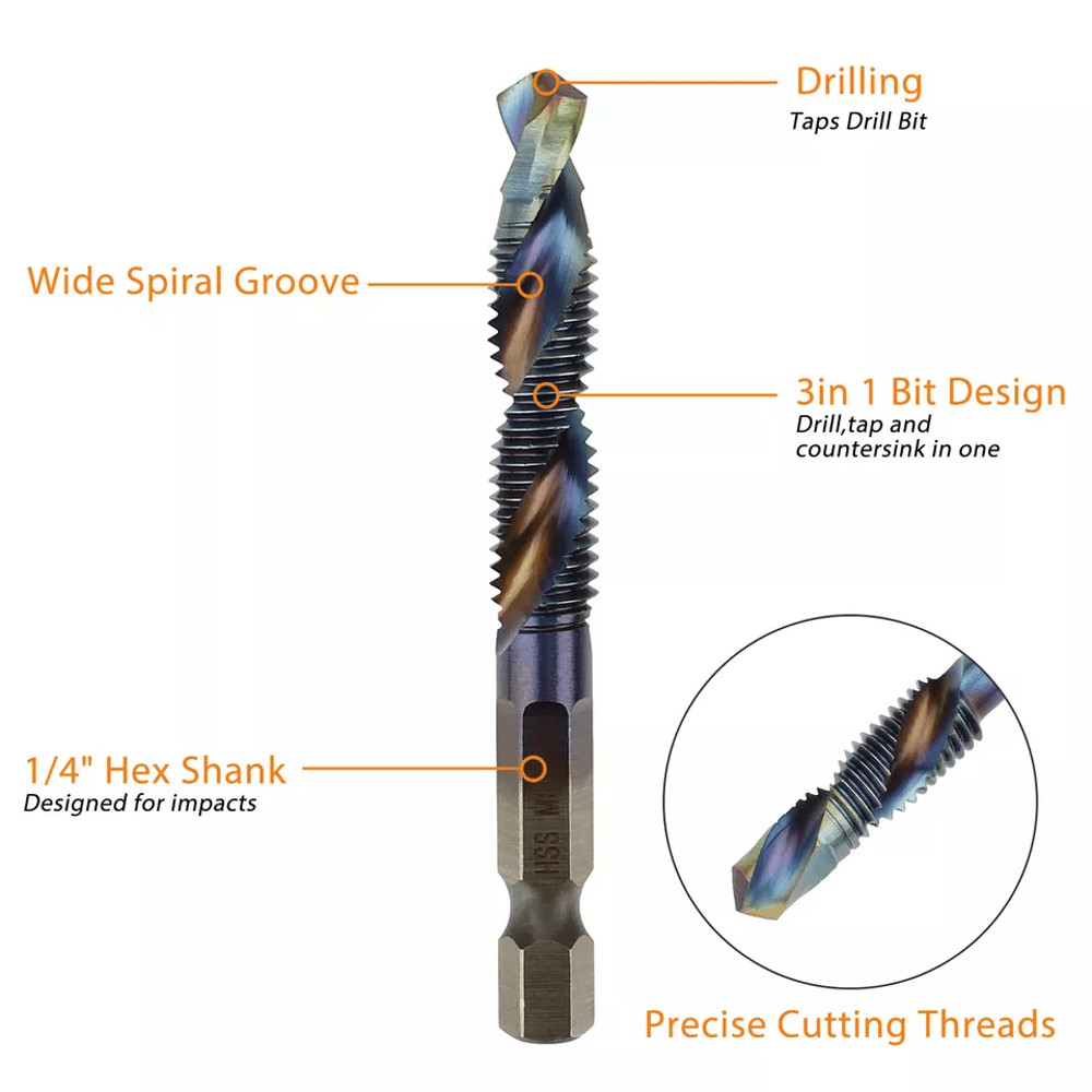 HSS Hex Shank Screw Thread Tap Drill Bit Combination Set M3M10 Titanium Coated For Metalworking 4