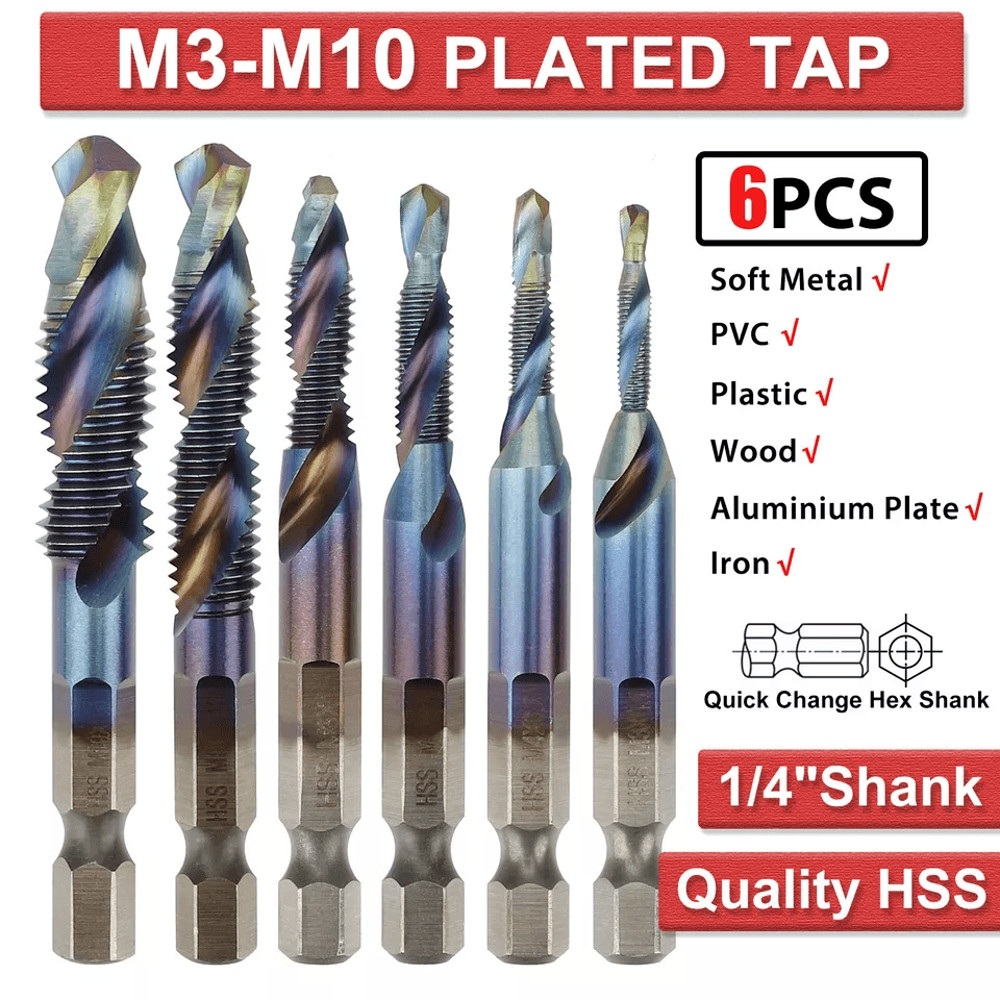HSS Hex Shank Screw Thread Tap Drill Bit Combination Set M3M10 Titanium Coated For Metalworking 1