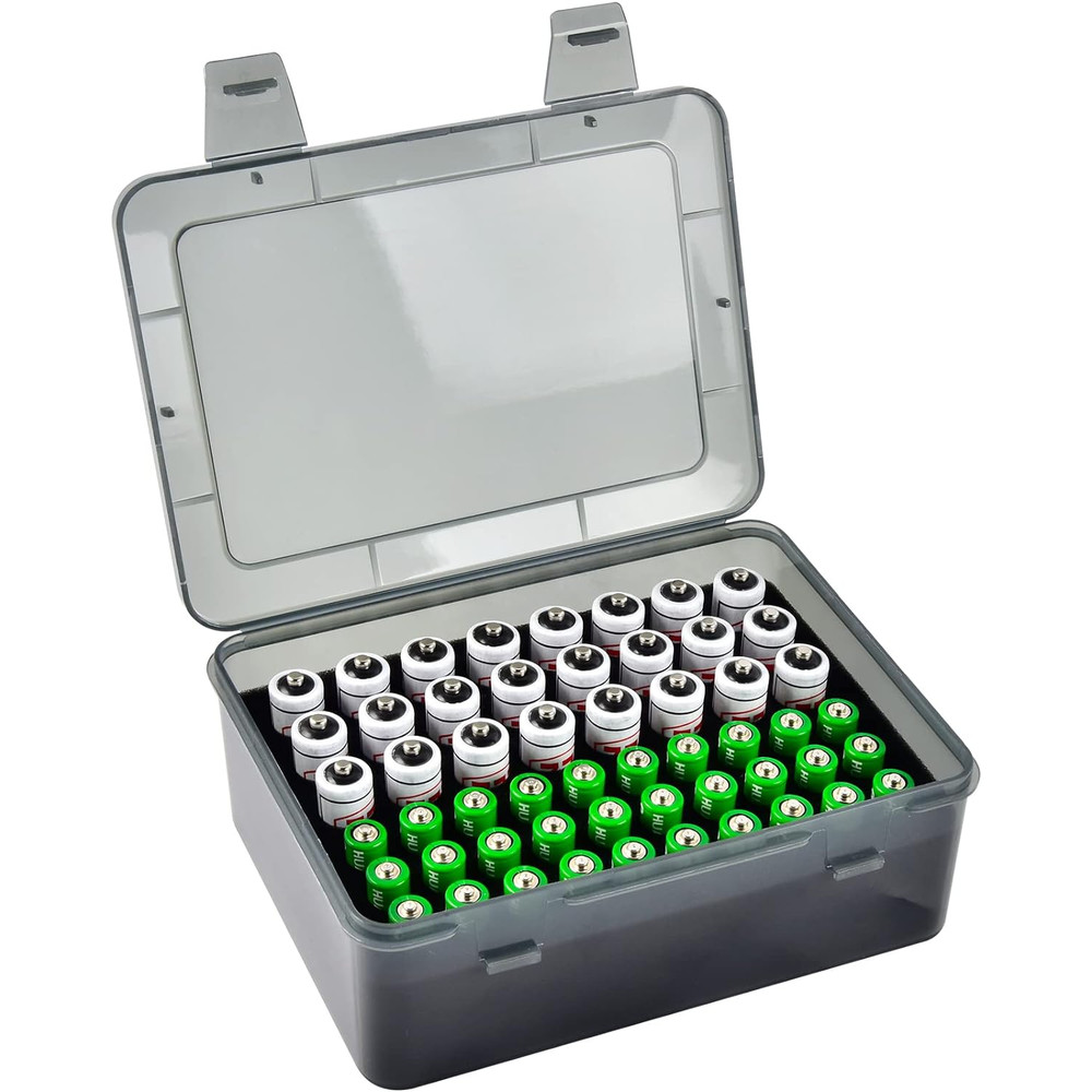 Battery Box Organizer, Holds 72 AA/AAA Batteries, Durable Storage Case Garage Container for Home & Travel