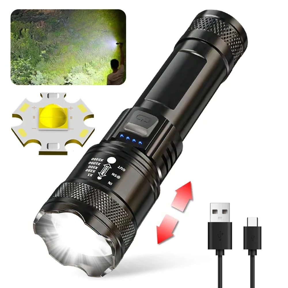 2000LM High-Power LED Flashlight, USB Rechargeable Tactical Torch with Display Light, Zoomable Camping, Fishing