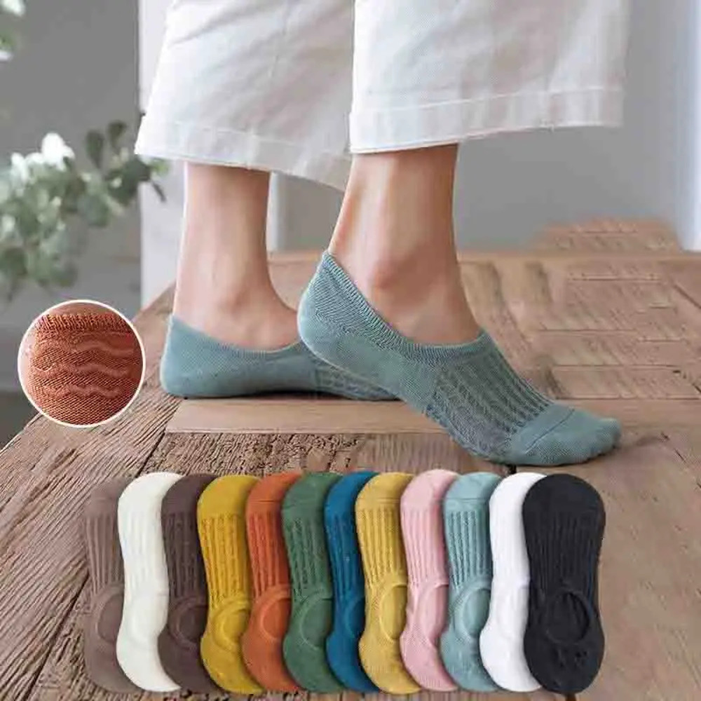 5 Pairs Women Silicone Invisible Boat Socks Summer Solid Color Soft Cotton NoShow Socks 0