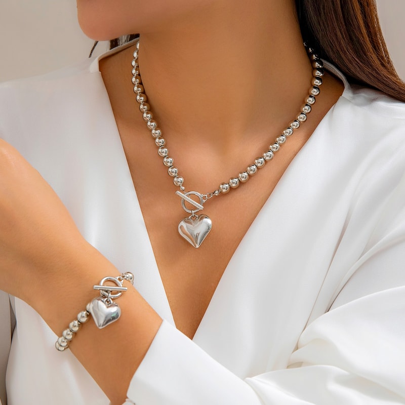 Trendy Hollow Heart Pendant Necklace, Ball Bead Chain Choker Necklace for Women, Elegant Party Jewelry Set