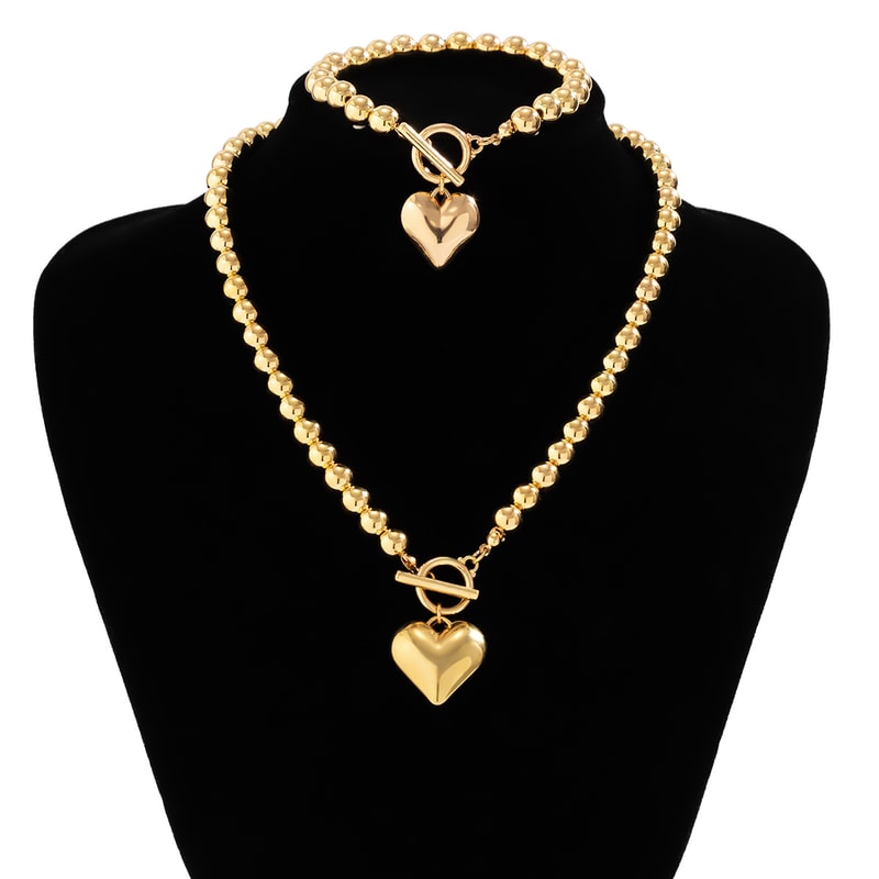 Trendy Hollow Heart Pendant Necklace, Ball Bead Chain Choker Necklace for Women, Elegant Party Jewelry Set