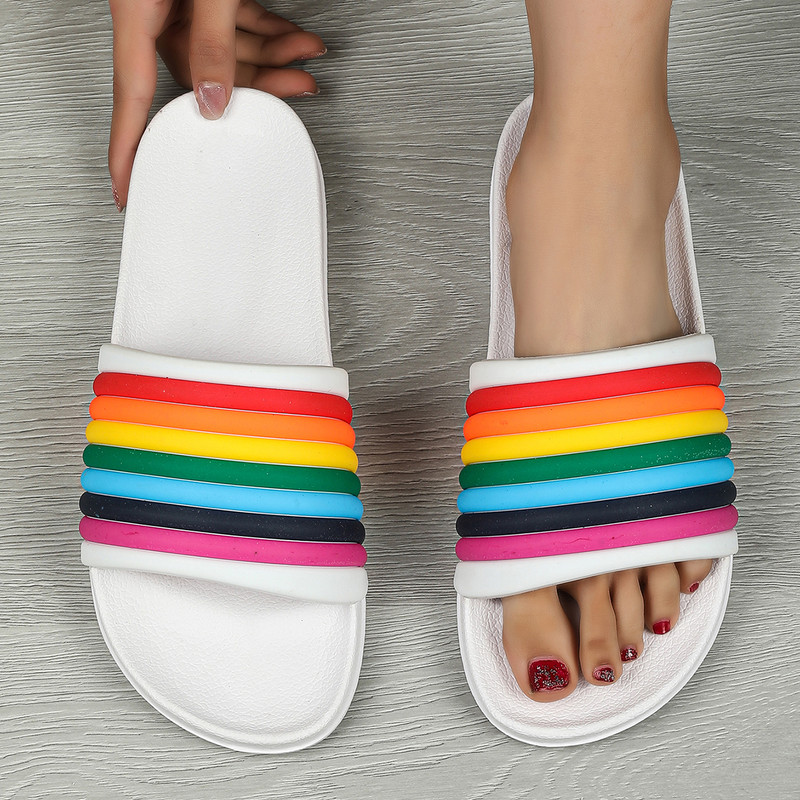 Women Rainbow Thick Sole Summer Beach Slides, Ultra-Soft Bathroom Anti-Slip Slippers & Fashion Flip-Flops for Comfort