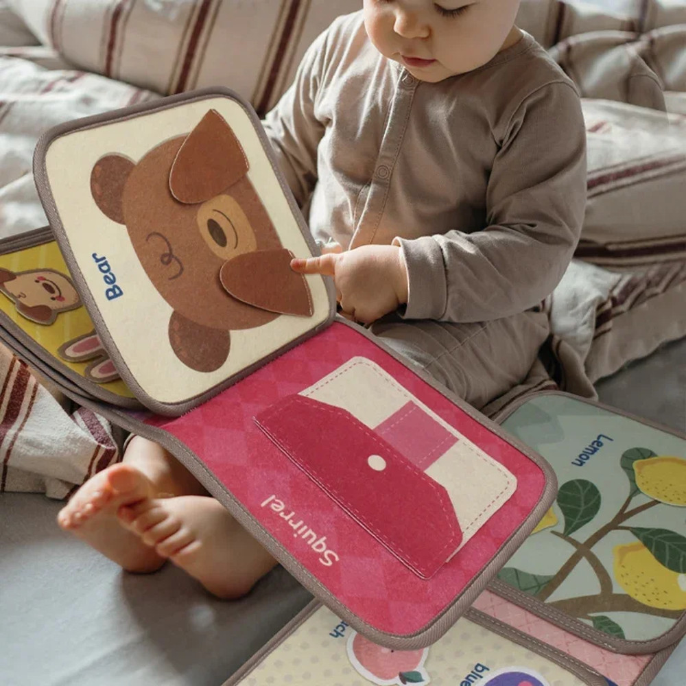 Baby Montessori Busy Book, Early Education Cloth Books with Animal Puzzle Toy, Sensory Fabric Book & Repeated Paste